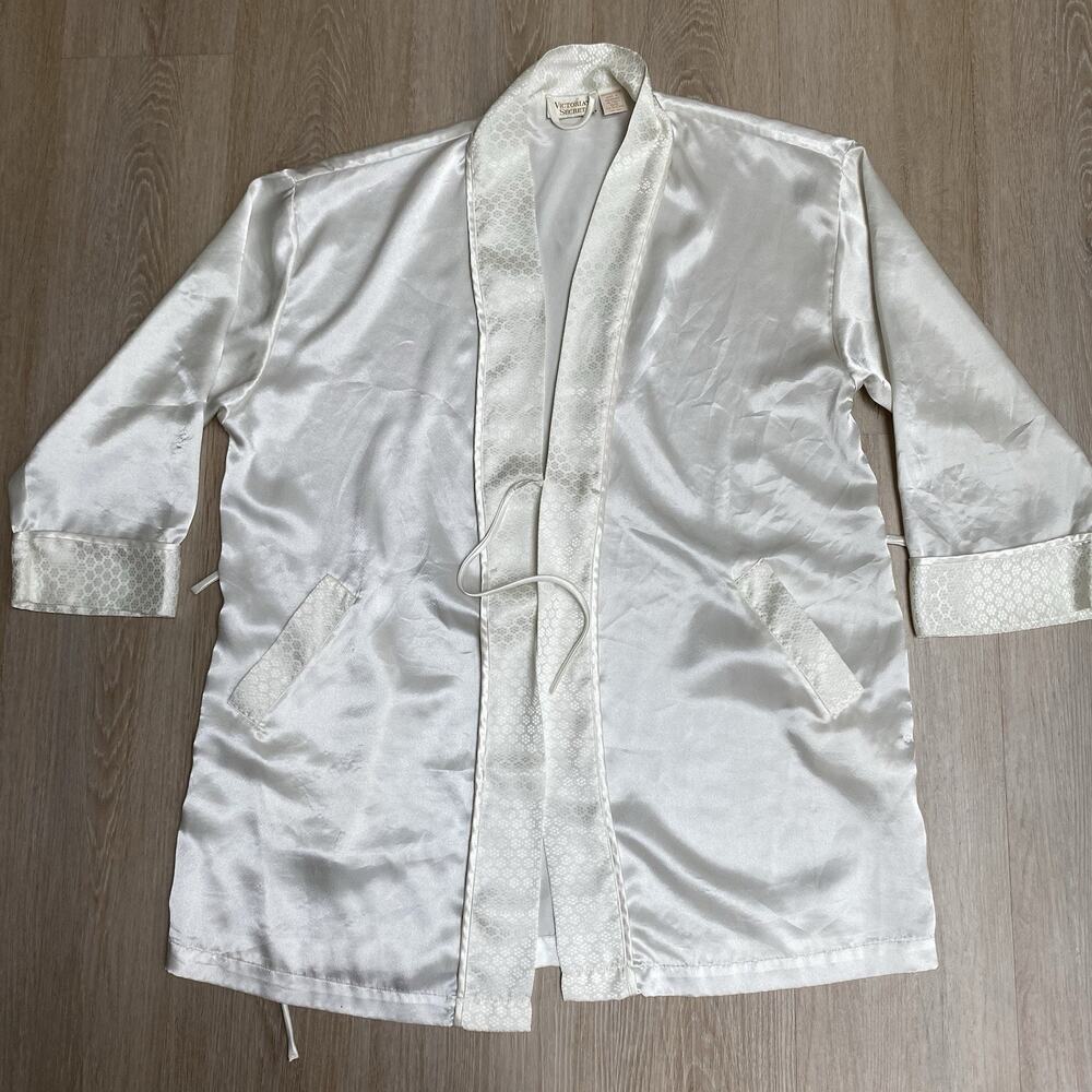 Vintage 80s 90s Gold Tag Victoria's Secret Cream Jacquard Satin Robe Kimono O/S